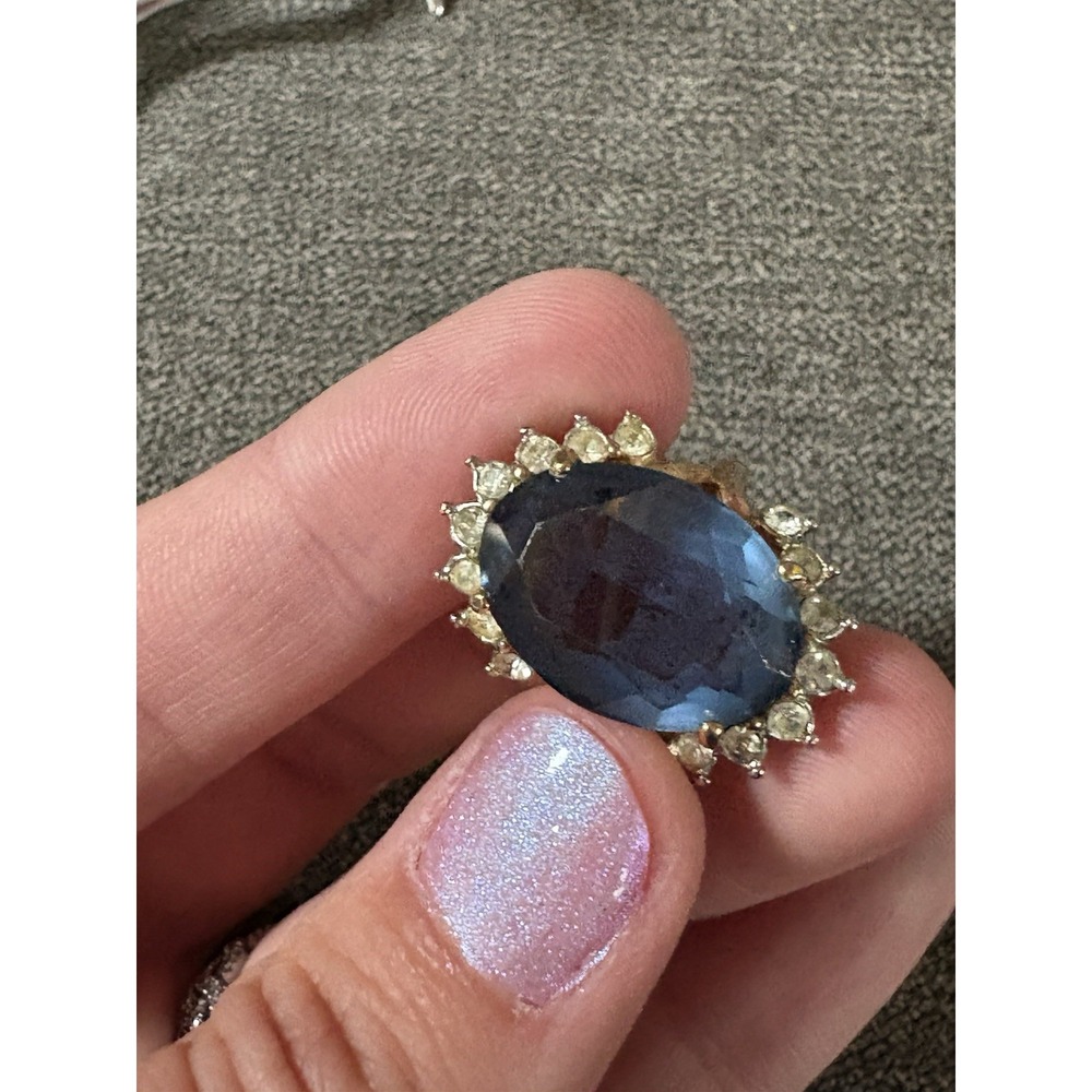 1970's Ring Sapphire and Clear CZ Crystals 18k Yellow Gold Plated‎ Band - Picture 10 of 10
